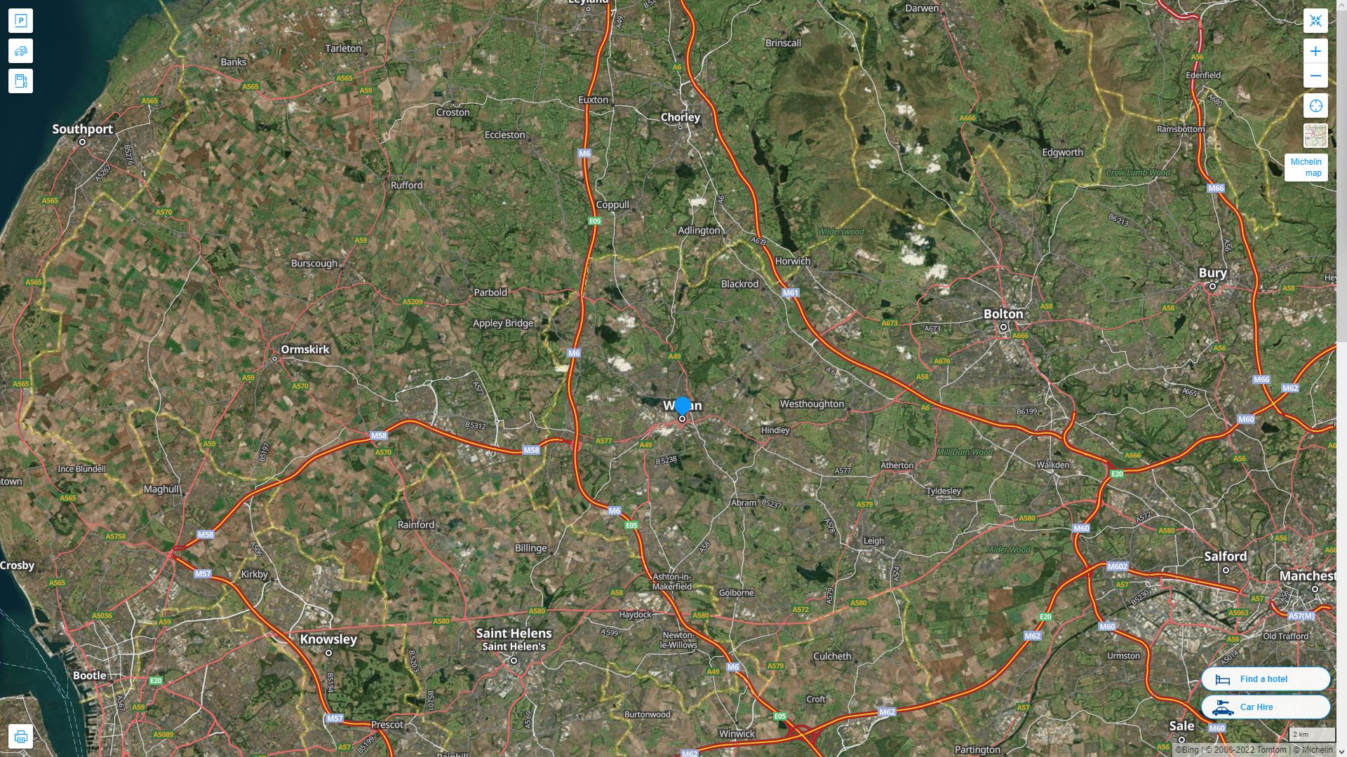 Wigan Highway and Road Map with Satellite View